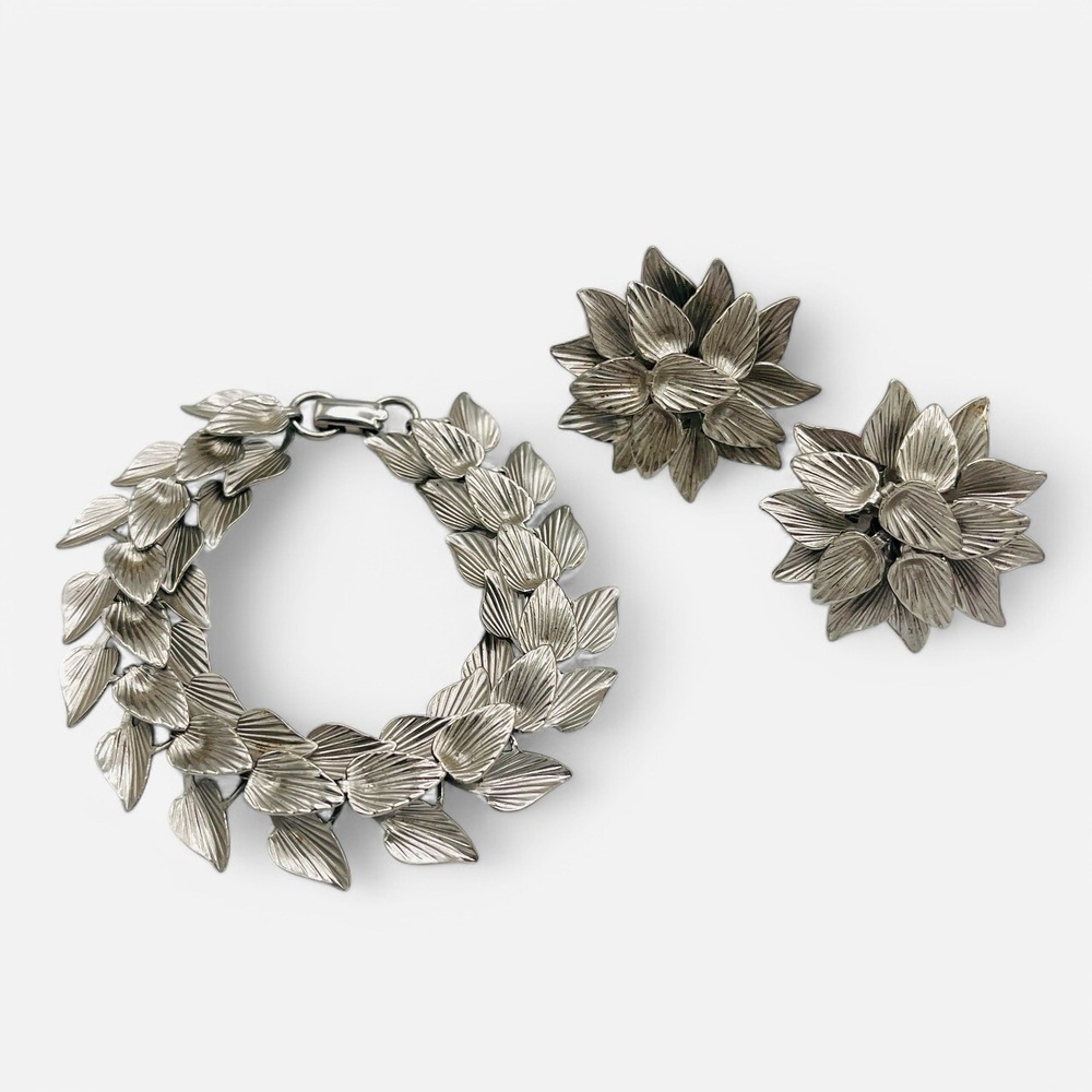 Vintage STAR Leaves‎ Leaf Bracelet Clip On Earrings Set Silver